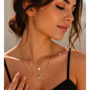 Gold Layered Necklace Star Moon Pendant Stainless Steel Trendy